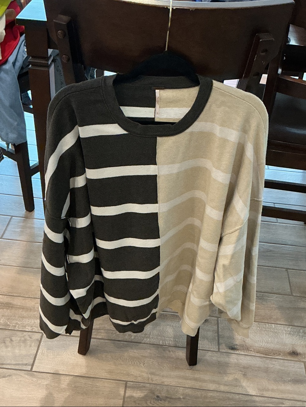 Free People Two-Tone Black and Beige Striped Crewneck Sweater